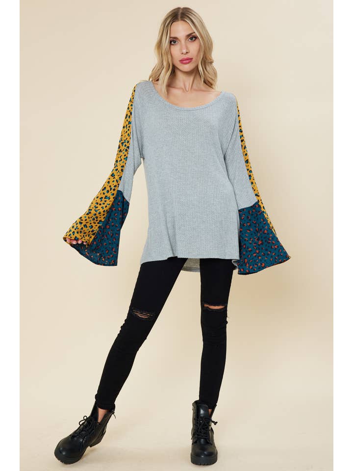 FSL Apparel - Wholesale Tunic - Women's - ST6590 - Bell sleeve top with color contrast leopard print5