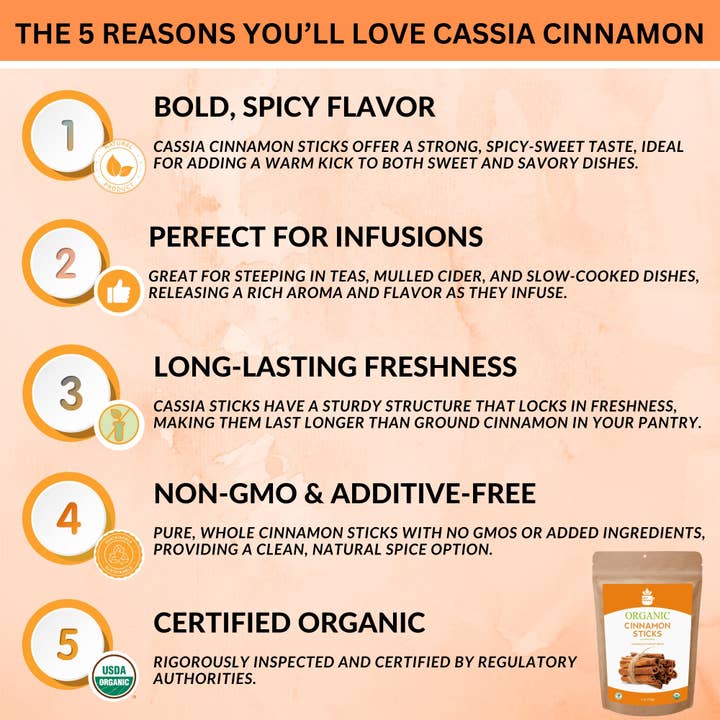 SPICY ORGANIC - Wholesale Herbs - Organic Cassia Cinnamon Sticks – Bold & Spicy Whole Cinnamon, USDA Certified