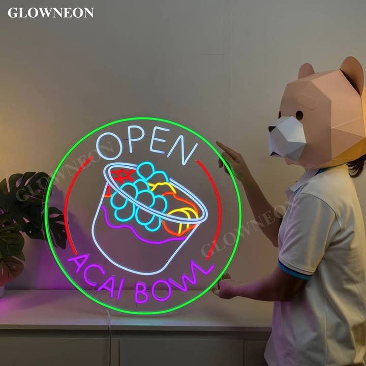 Glow Neon - Wholesale Neon Sign - Open Acai Bowl Neon Wall Art, Acai Smoothie Shop Wall Decor0