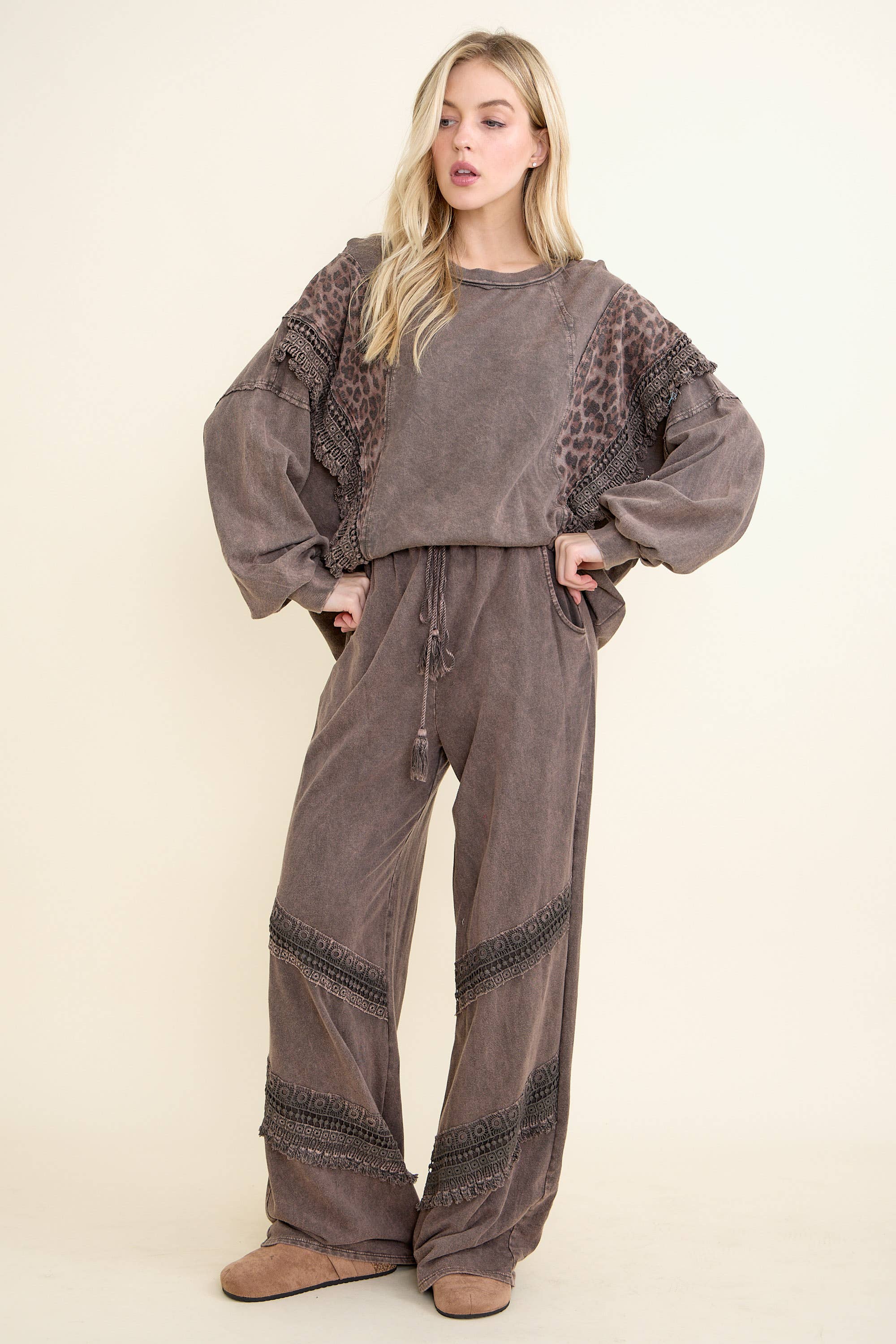 J.Her - Wholesale Blouse - Women's - Mineral Washed Cheetah Leopard Fringe tassel top HT67221