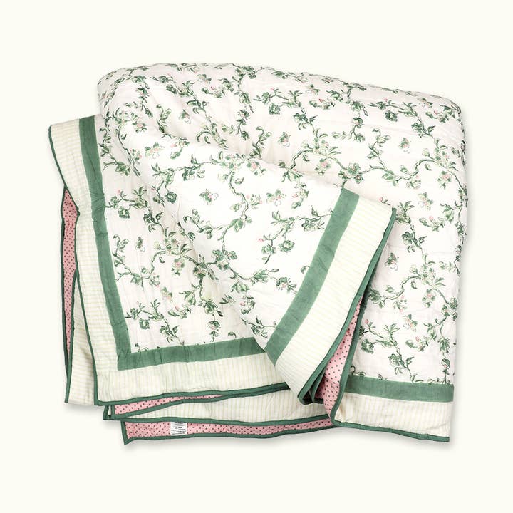 HAND BLOCK PRINTED QUILT - CHERRY BLOSSOM GREEN for wholesale by Craft Boat