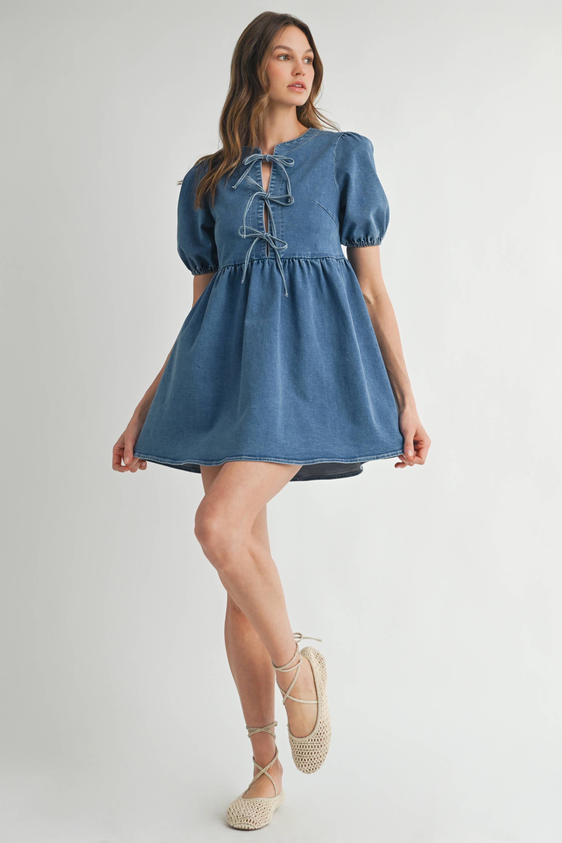 STONE WASH BLUE AD1727 Bow Detail Denim Mini Dress for wholesale on Faire5