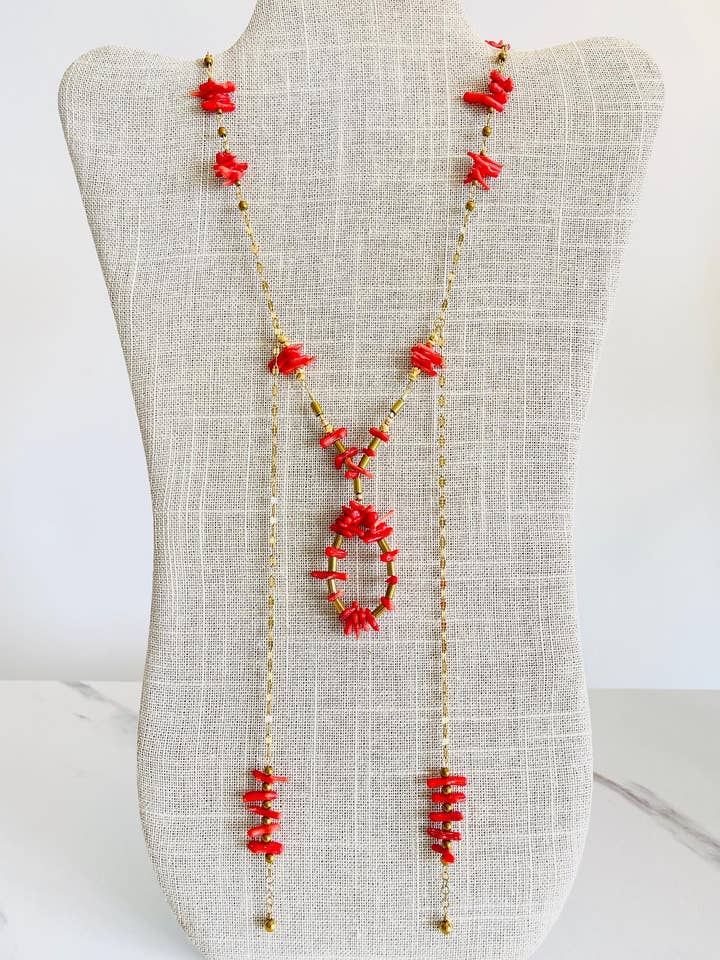 Coral and Gold Hematite tubes lariat necklace for wholesale by Hand Art Soul