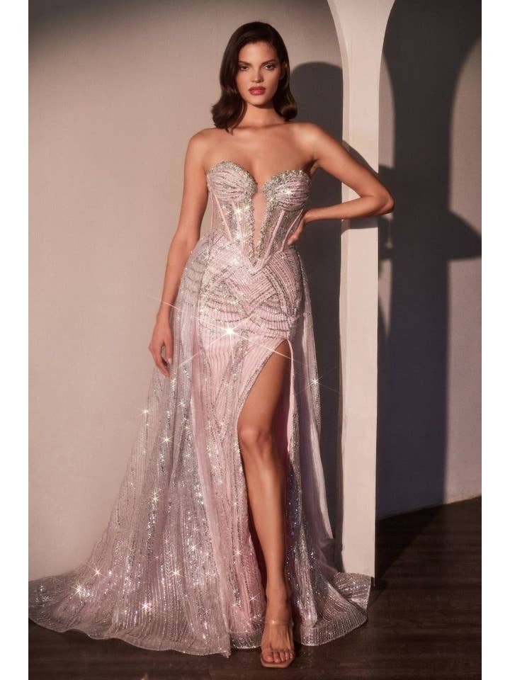 Tux-USA® - Wholesale Gown - Women's - Strapless Glitter Printed Gown & Overskirt