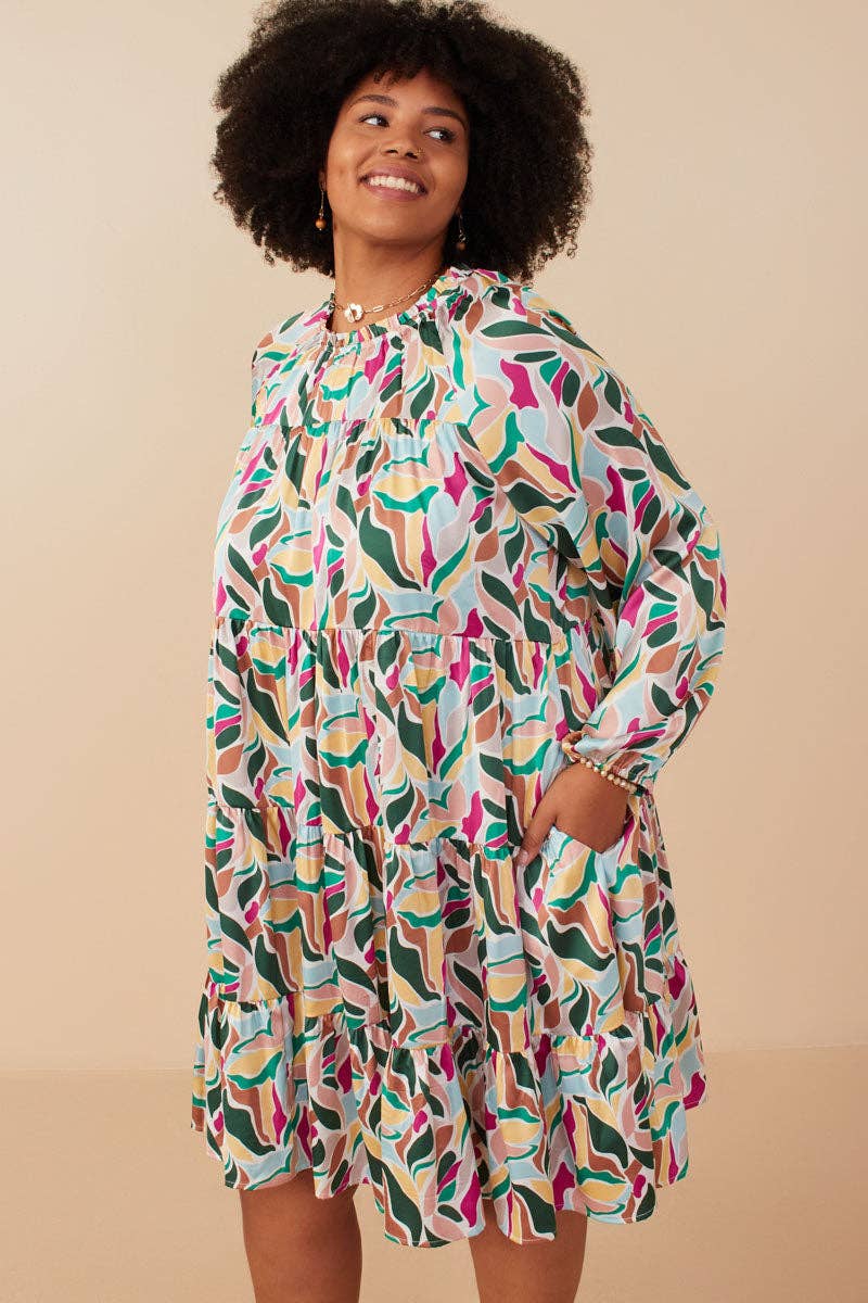 Magenta Mix Womens Abstract Floral Tiered Ruffle Neck Satin Dress for wholesale on Faire10