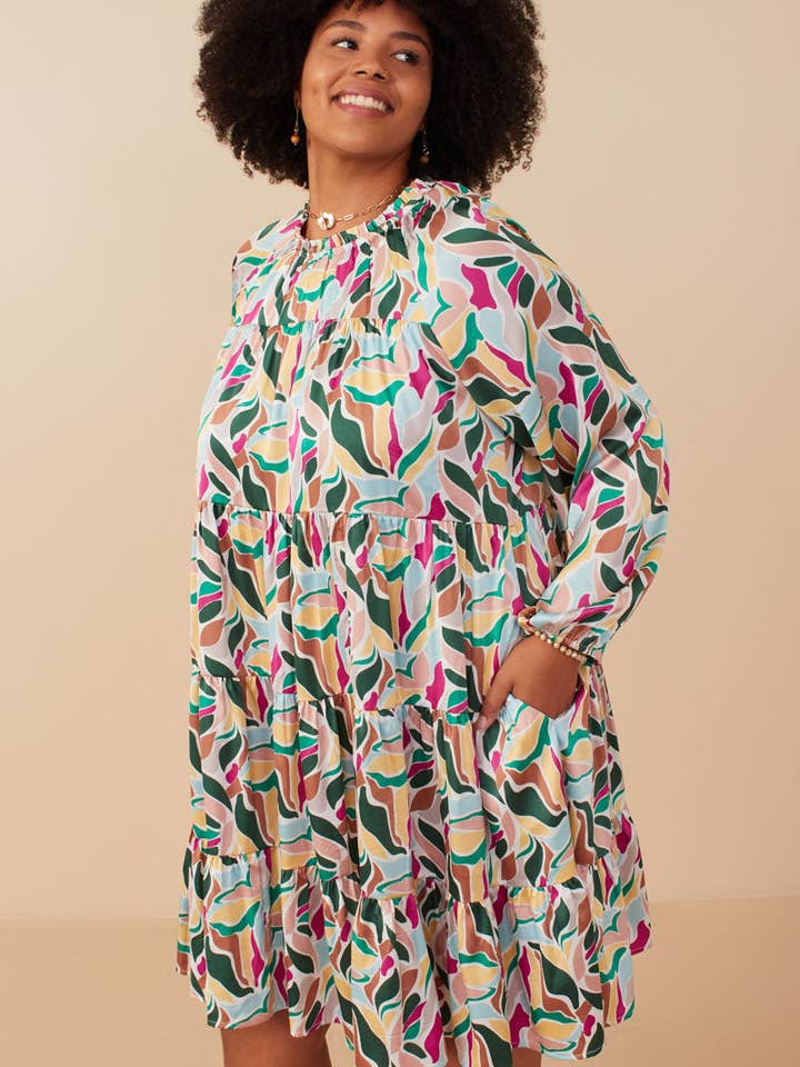 Magenta Mix Womens Abstract Floral Tiered Ruffle Neck Satin Dress for wholesale on Faire10