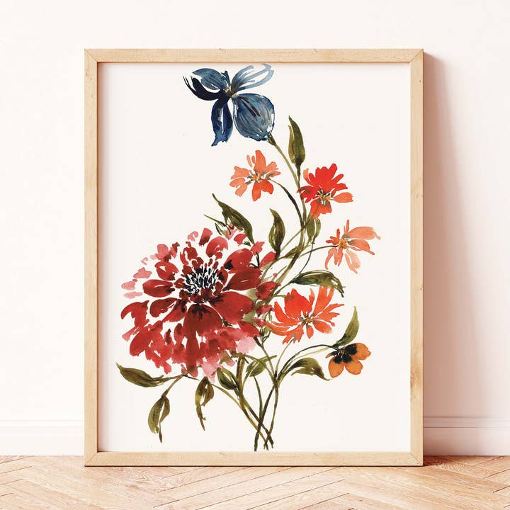 "Bold Vintage Botanicals No.1" Red Floral Watercolor Print for wholesale by Paperbec Design Co.