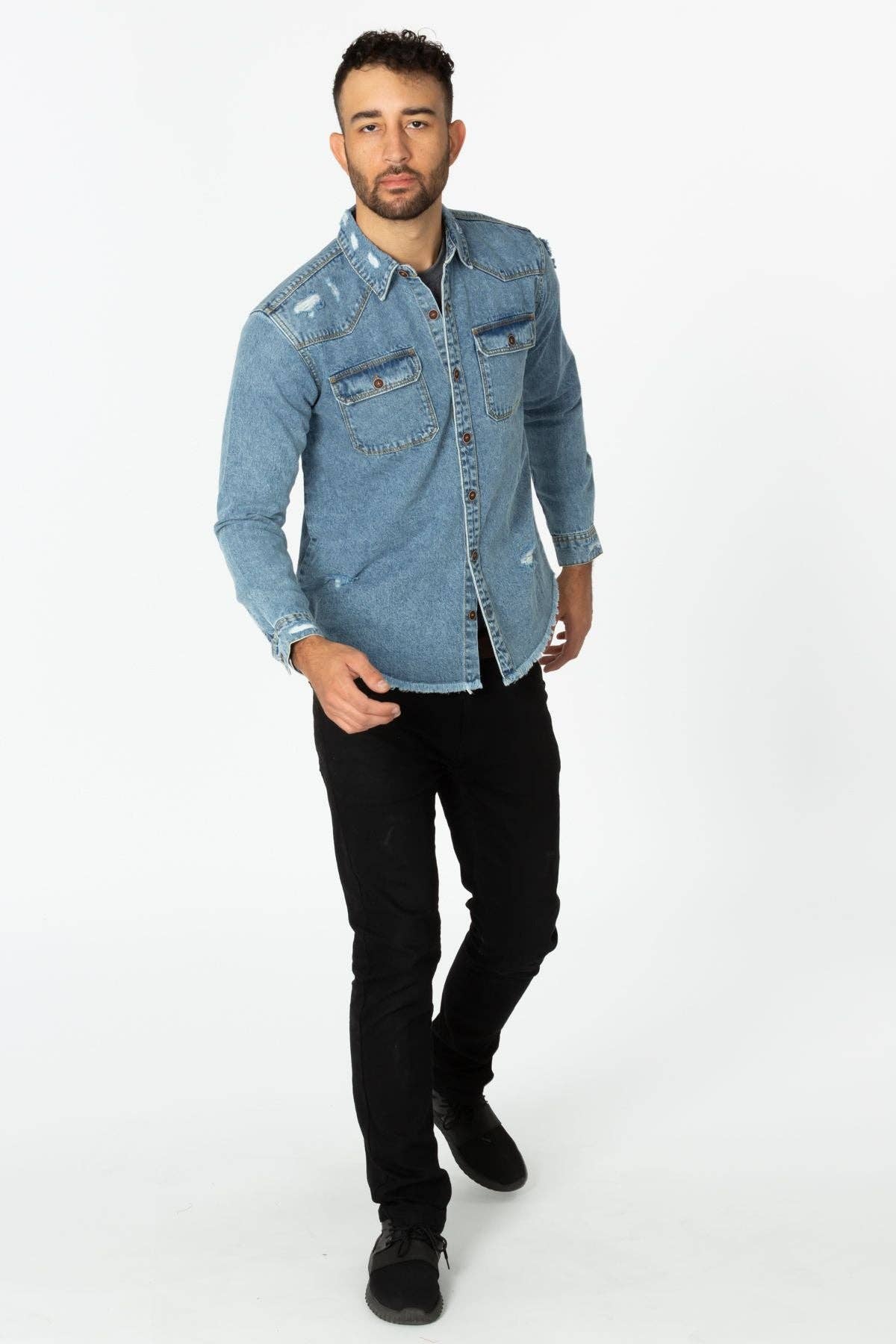 LIGHT WASHED Men's Denim Shirt with Distressed for wholesale on Faire6
