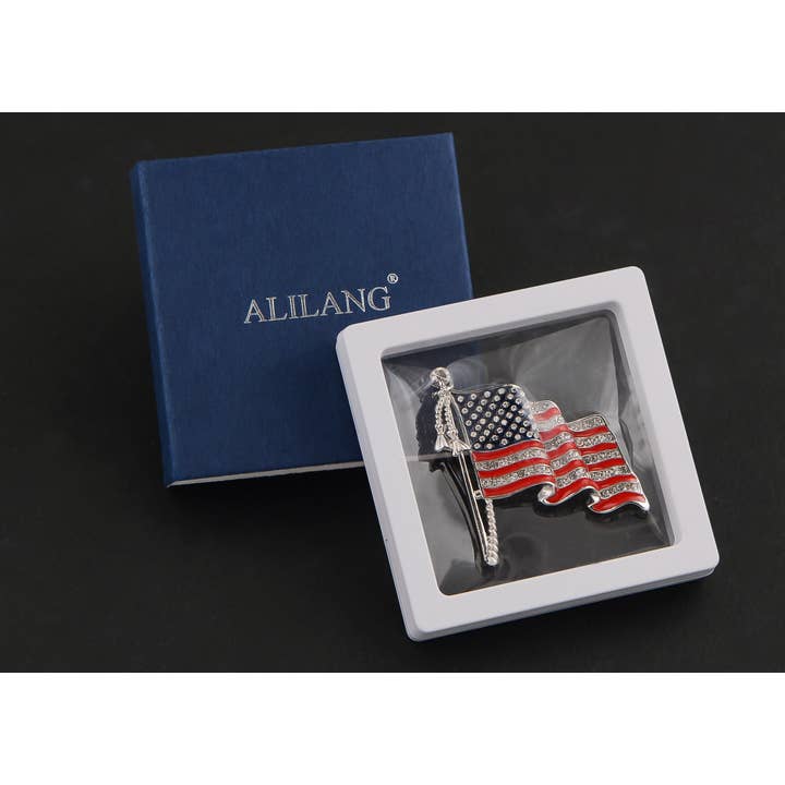 AK Brand - Wholesale Brooch - America USA Patriotic Crystal Rhinestone Waving Flag Brooch