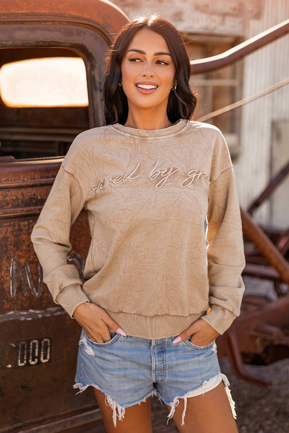 fashionworks - Wholesale Sweatshirt - Women's - Western Letter Embroidery Mineral Wash Loose Sweatshirt2