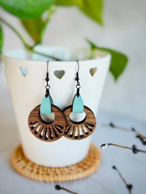 Wood Dangle Earrings - Walnut and Faux Leather Tab for wholesale by SHY Designs, LLC
