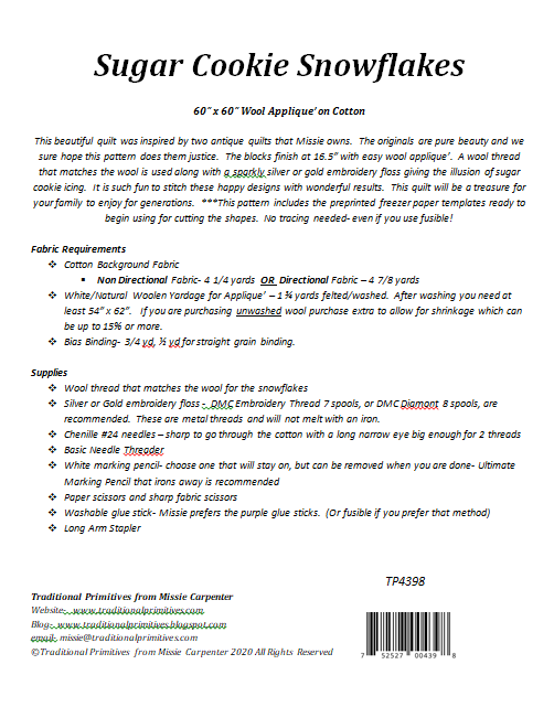 Traditional Primitives - Wholesale Craft Sewing Kit - Sugar Cookie Snowflakes Wool Applique Pattern1