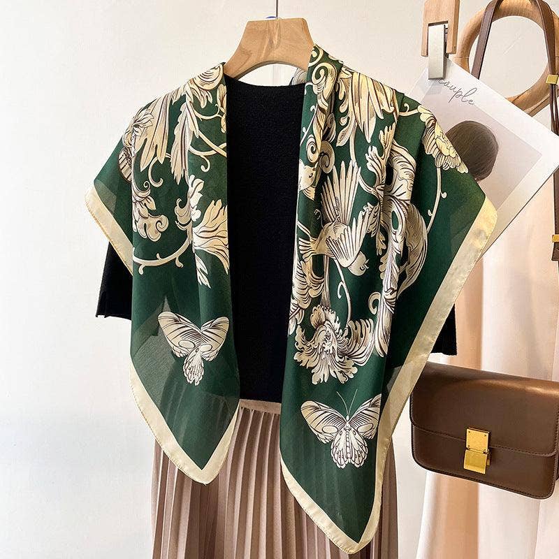 SueSilkHK - Wholesale Scarf - Women's - Green Boho Flora Chic Large Satin Scarf | 90x90cm Bandana | Twill Satin Shawl | Perfect Gift for Her, Mother's Day8
