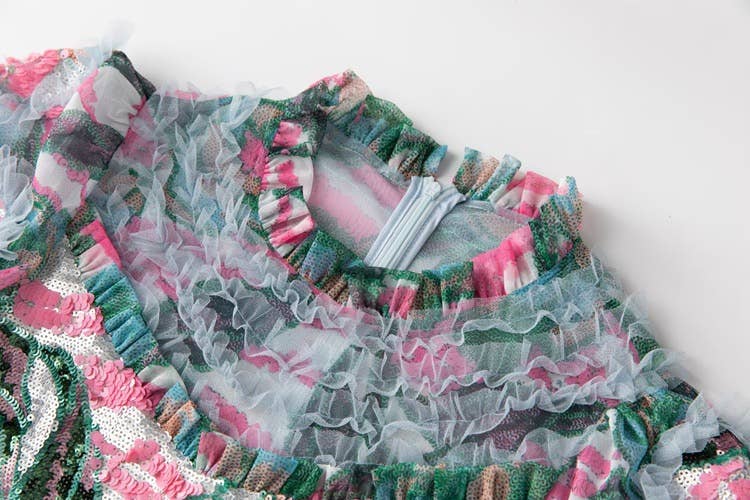 Color as pictures DR592Y Hand-Printed Lotus Leaf Lace Dress with Beaded Detail for wholesale on Faire5