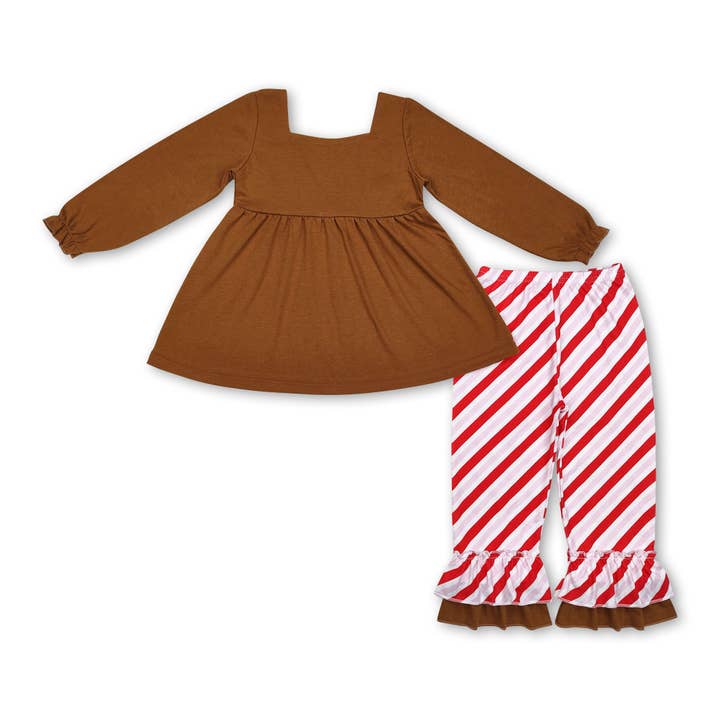 Yawoo Garments - Wholesale Dress - Kids - Long sleeves bow ruffle gingerbread girls Christmas dress