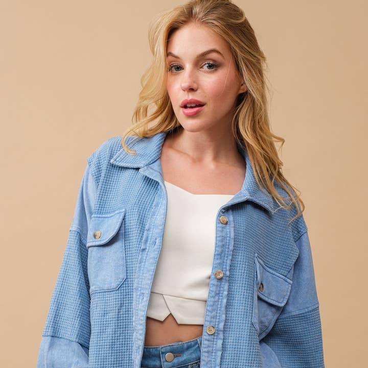 34239J - Garment Washed French Terry Waffle Shirt Jacket for wholesale by Blue B