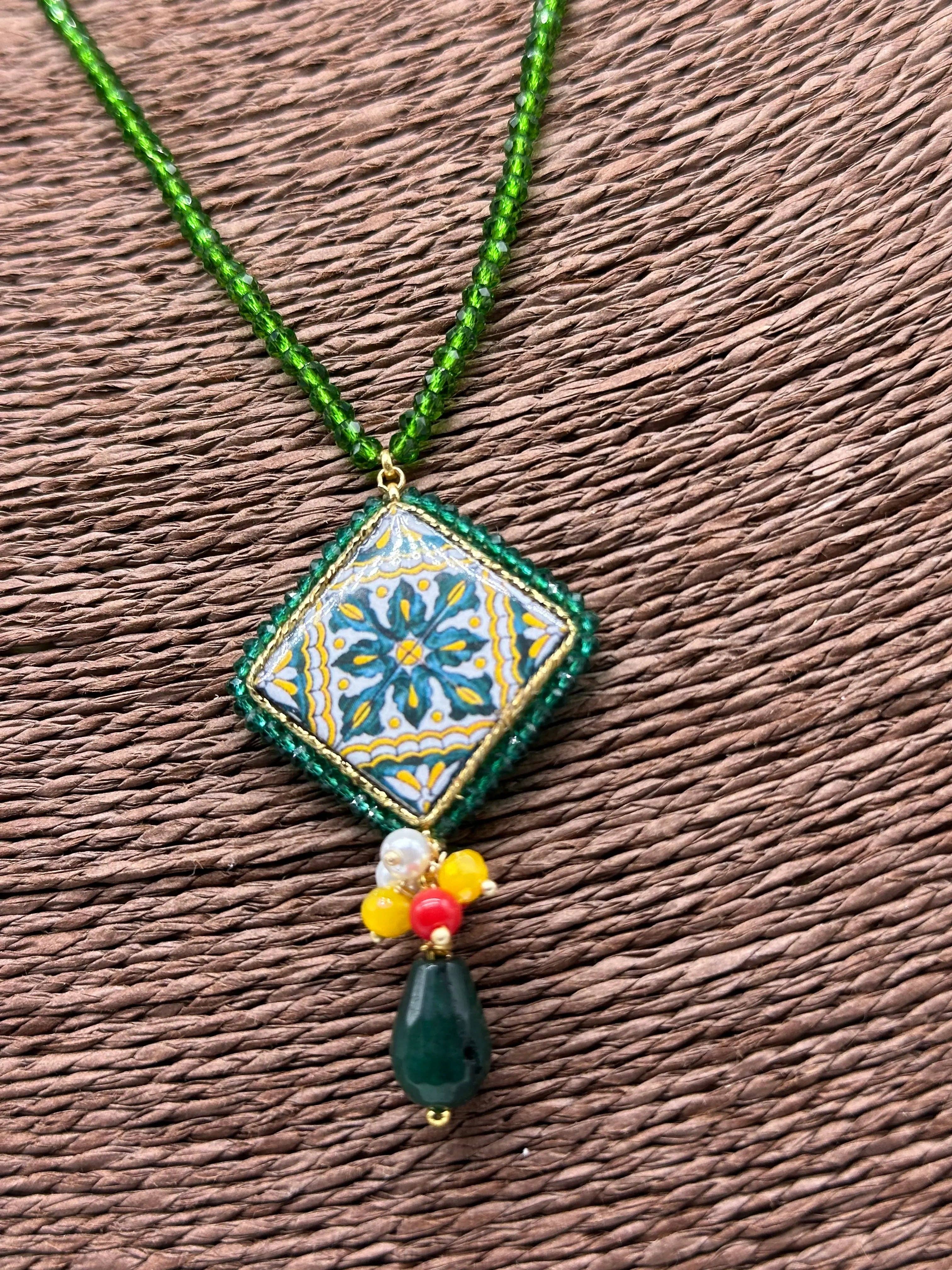 DD Ceramiche Siciliane - Wholesale Pendant/Charm Necklace - Caltagirone Ceramic Tile Necklace Baroque Decor, green beaded chain2