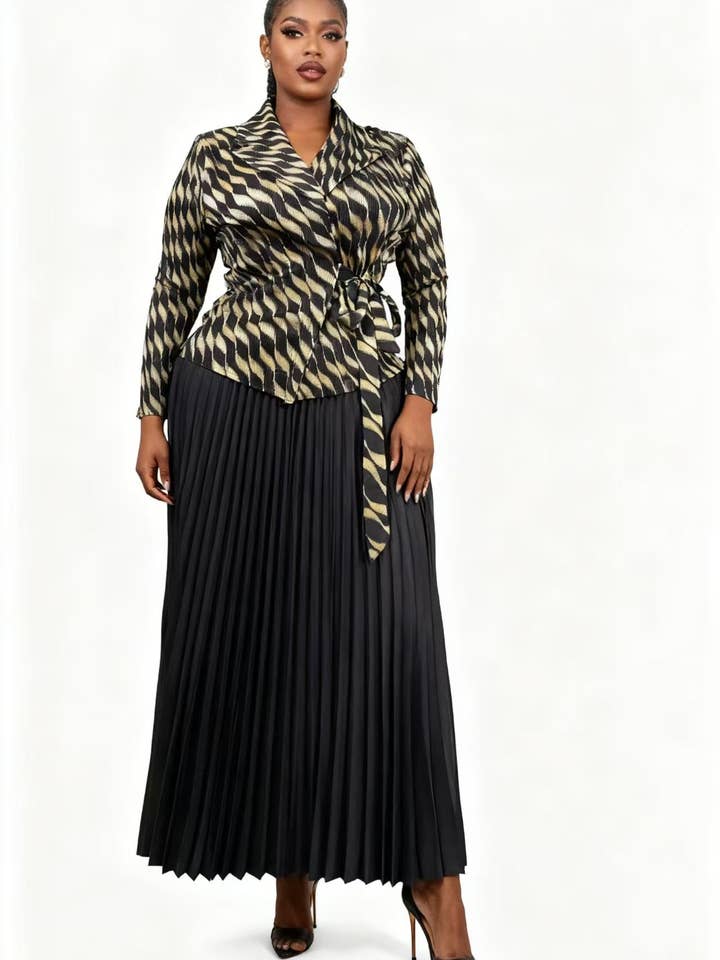 Zaria Pleated Skirt & Wrap Jacket Set - 83009 for wholesale by For Her NYC