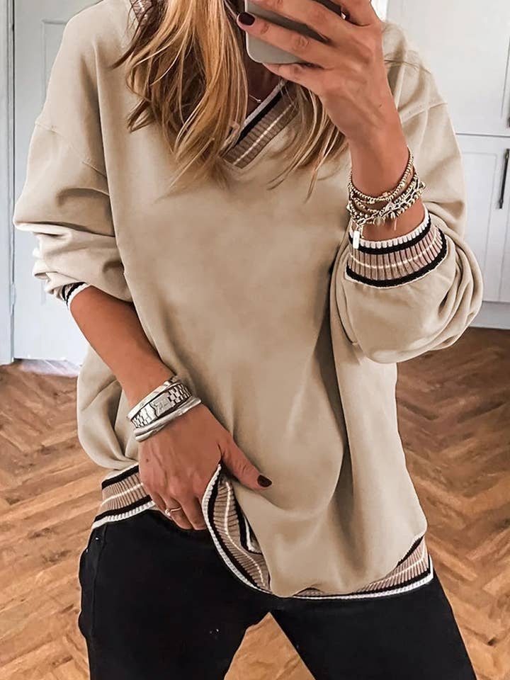 Varsity Contrast Striped V Neck Top for wholesale by Mccolin