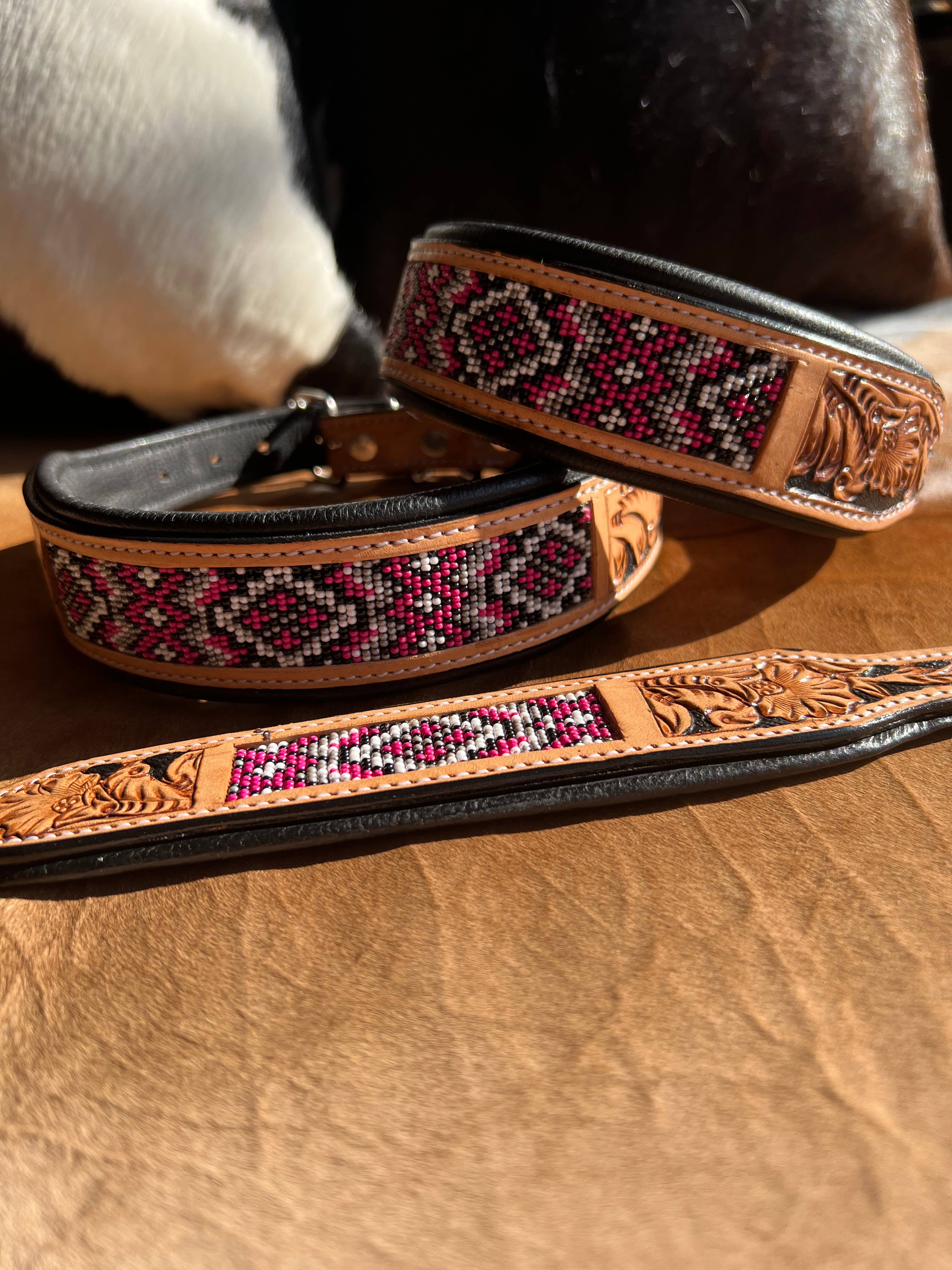 Westrian International - Wholesale Pet Collar - Dog - Western Equestrian Tooled Pink Leather Beaded Dog Collar3