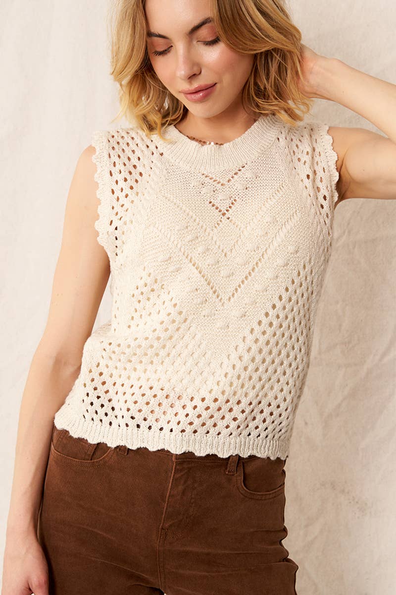En Crème - Wholesale Sweater Vest - Women's - Sleeveless Crochet Sweater Vest Top1
