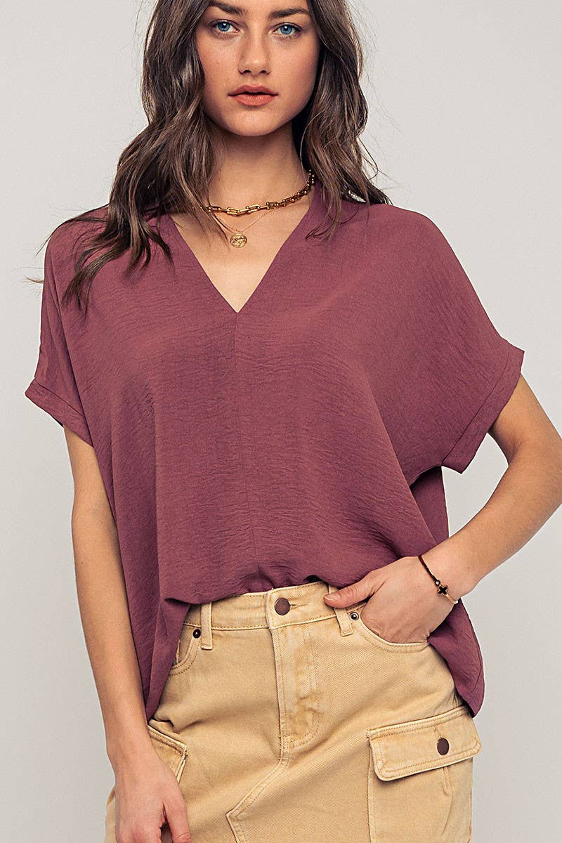 Urban Daizy - Wholesale Blouse - Women's - Relaxed V-Neck Top with Folded Sleeves18