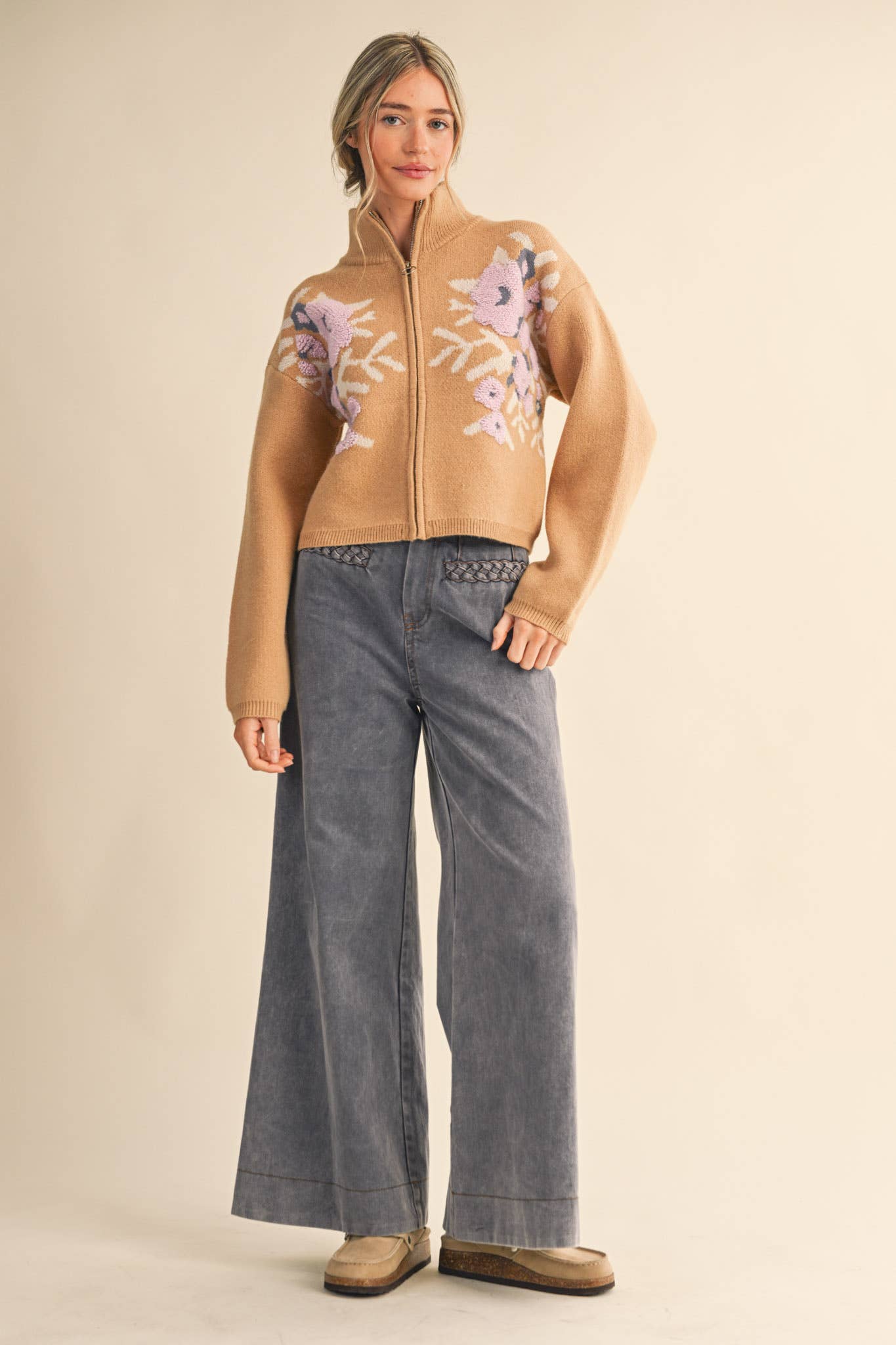 &MERCI - Wholesale Cardigan - Women's - FLORAL ZIP UP SWEATER CARDIGAN MSW1118833