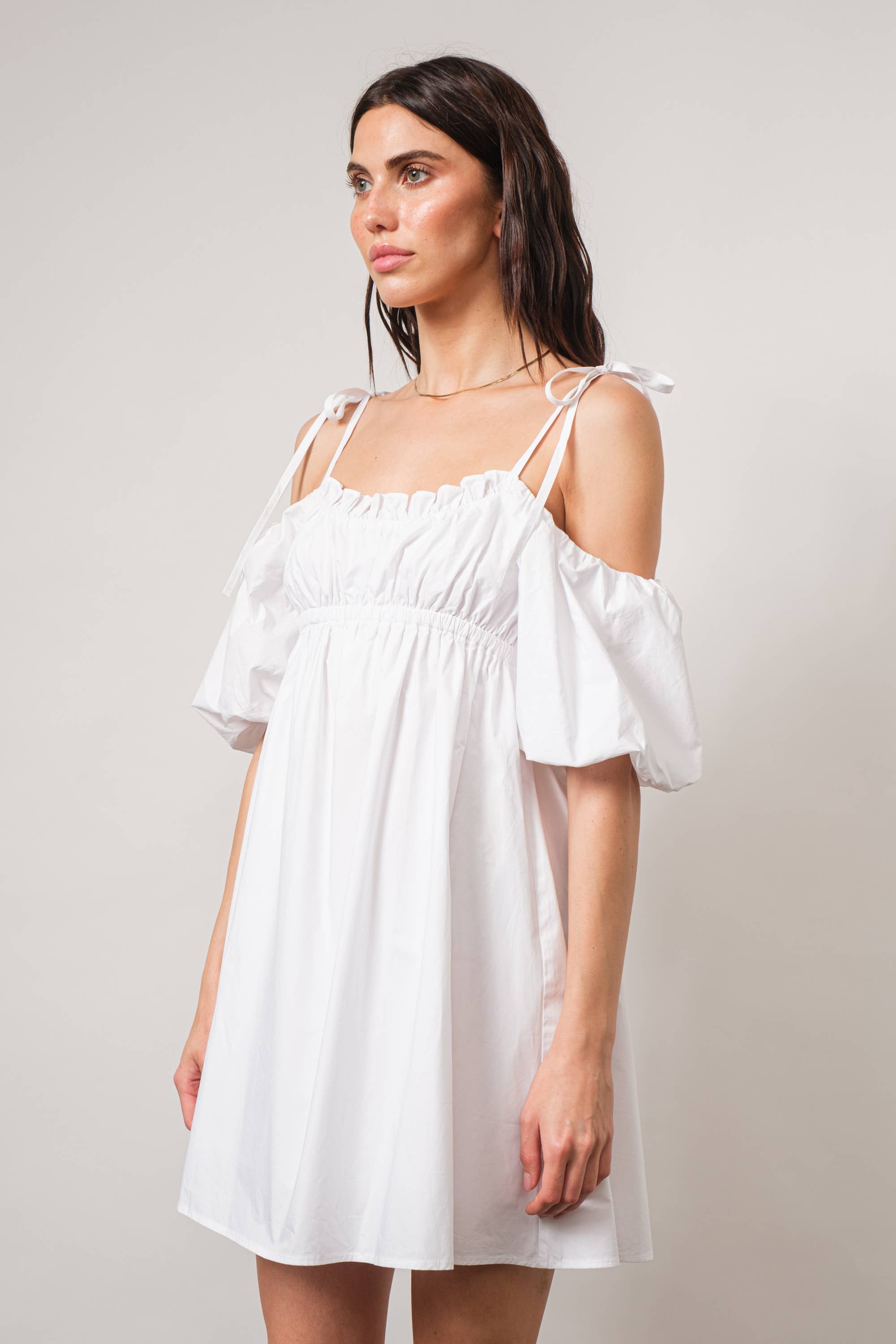White Bennet Empire-Waist Cold-Shoulder Mini Dress for wholesale on Faire1