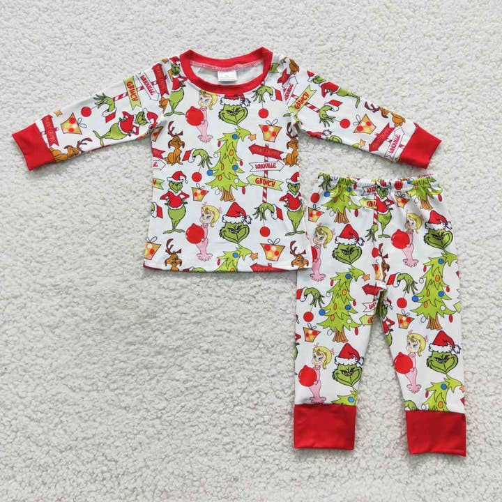Aier Wholesale - Wholesale Sleepwear Set - Kids - Family Girls Boys Green Face Rompers Pants Pajamas Sets
