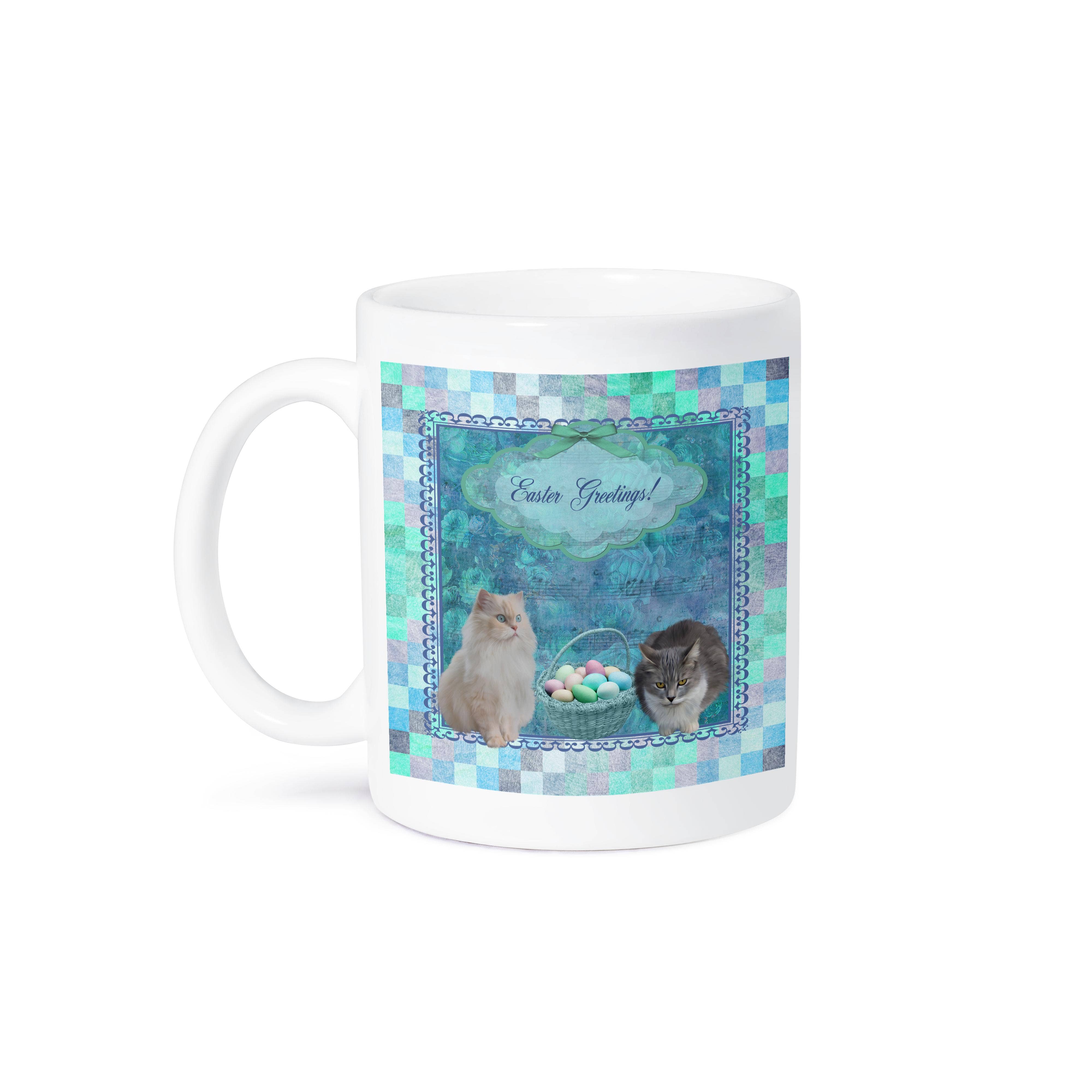 3dRose - Wholesale Coffee Mug - 3dRose, Kitty Cats with Easter Basket of Eggs on Musical Sheet Background, Aqua, Mug8