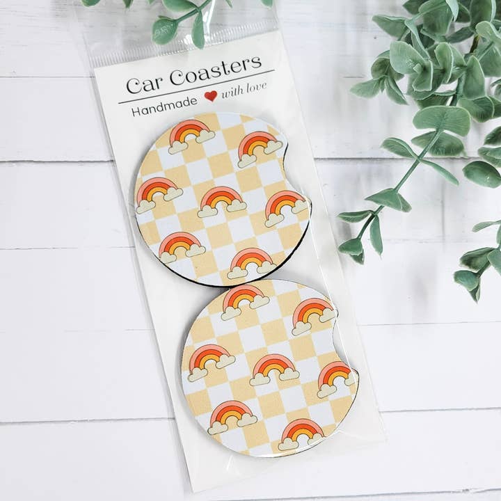 Arco-íris Nuvens Porta-copos de Carro em Neoprene Quadriculado por atacado de The Purple Chickadee