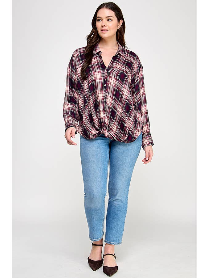 Haute Fox Plus Size & Contemporary - Wholesale Button Down Shirt - Women's - Plus Size LS Plaid Print Draped Button Down Top SS2455P-T9