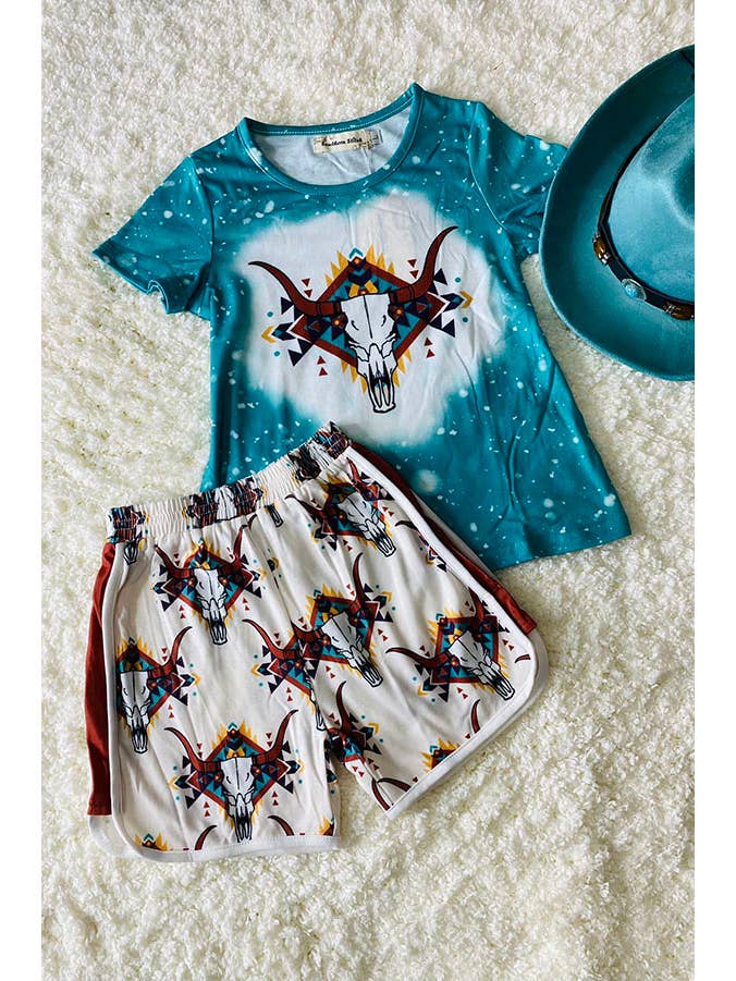luluclothes - Wholesale Top & Short Set - Kids - XCH0333-8H Bull prints blue top & Aztec shorts girls outfit 2