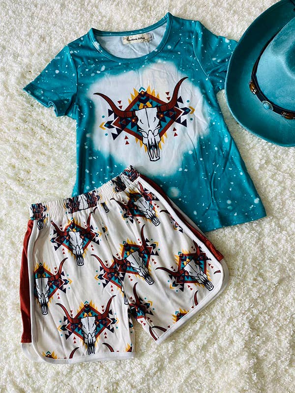 luluclothes - Wholesale Top & Short Set - Kids - XCH0333-8H Bull prints blue top & Aztec shorts girls outfit