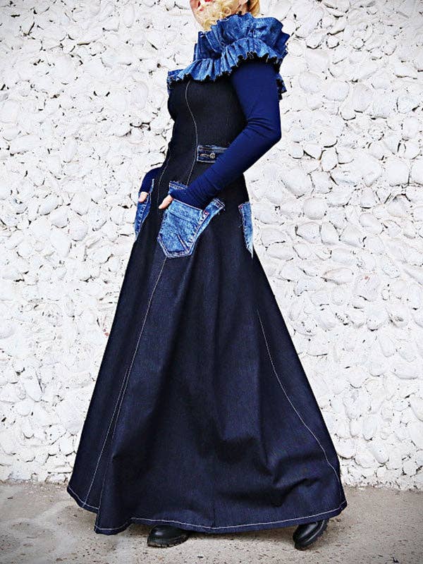 BLEU Robe maxi en jean à manches longues, coupe évasée, poches, empiècements et volants en vente sur Faire