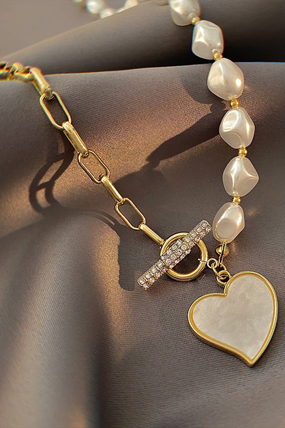 Gold Valentine's Heart Pendant Rhinestone Pearl Chain Necklace for wholesale on Faire2