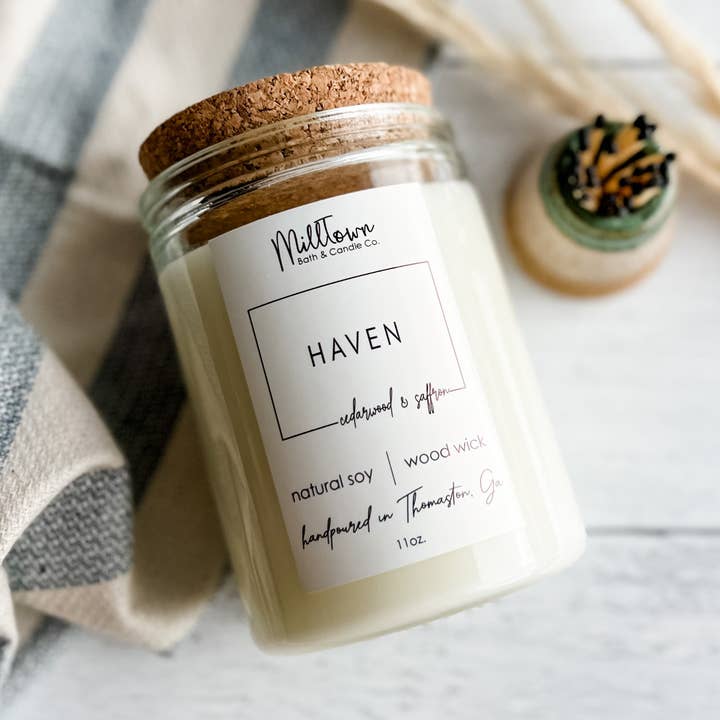 Haven Soy Candle-100% Natural Soy Wax | Wooden-Wick Candles | Clean-Burning & Long-Lasting for wholesale by MillTown Bath & Candle Company