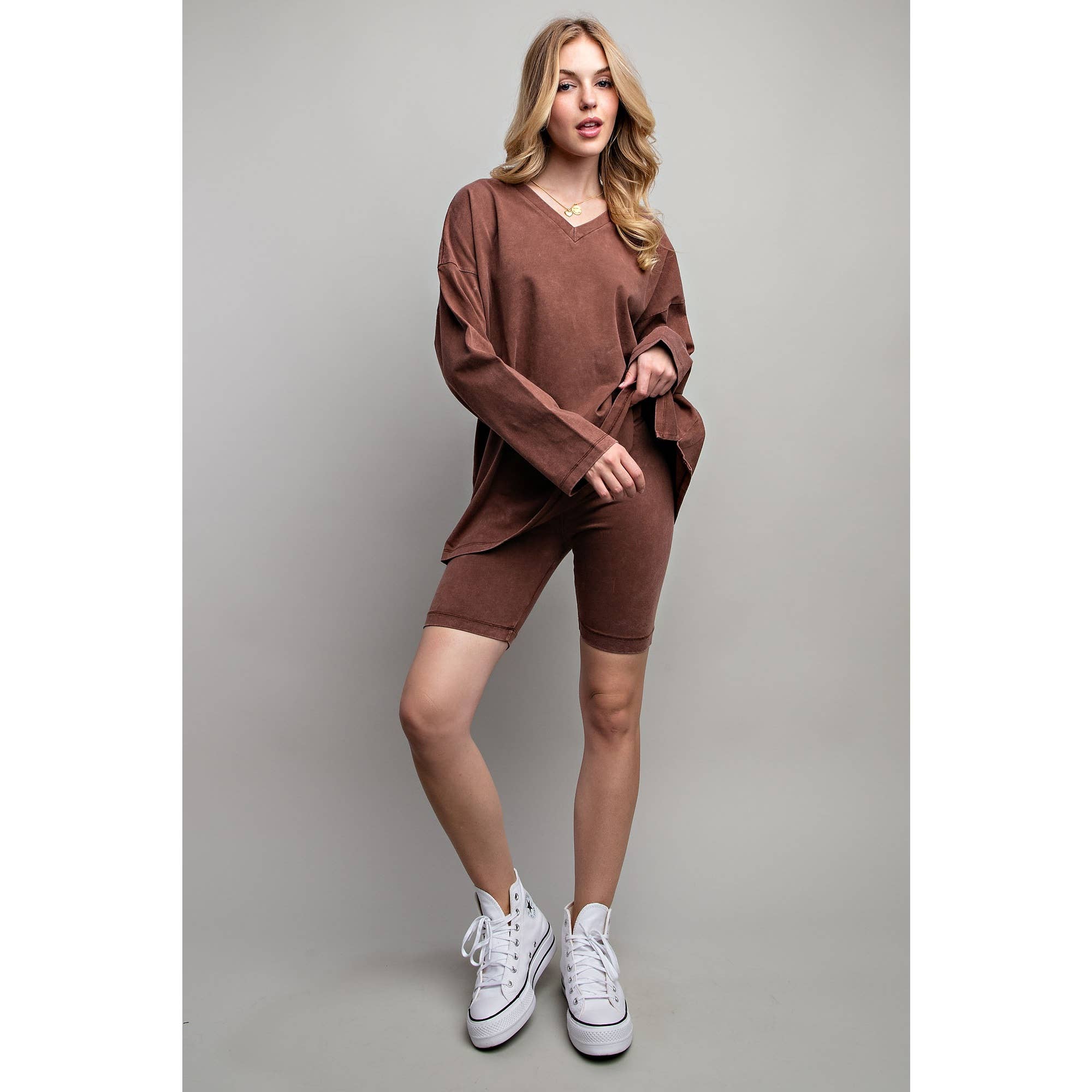 Sweet Generis - Wholesale Lounge Set - Women's - COTTON MINIERAL WASHED OVERSIZE TOP WITH CASUAL BIKER SHORT 3