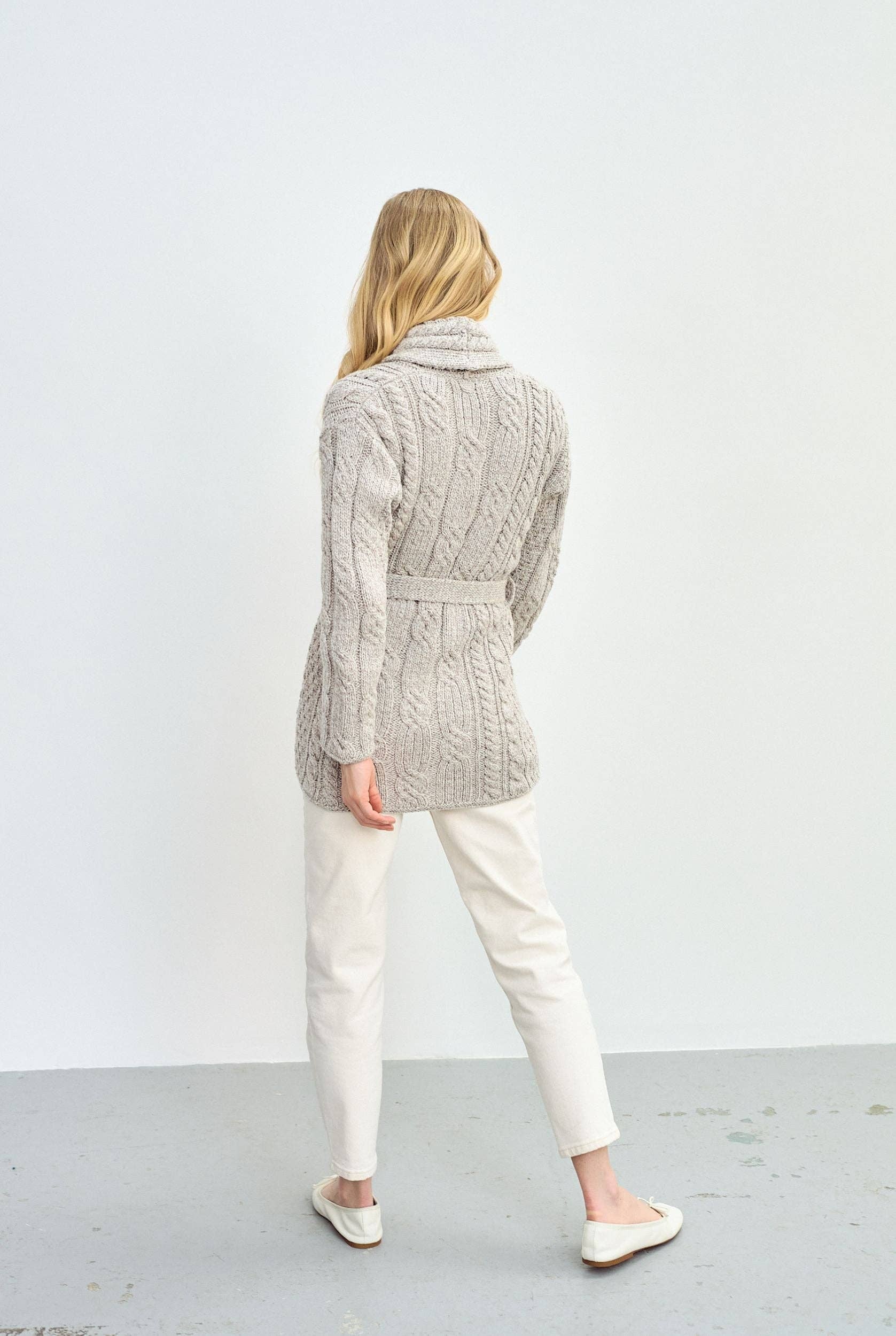Aran Woollen Mills - Wholesale Cardigan - Women's - Sheeffry Shawl Aran Neck Cardigan -  Oat1