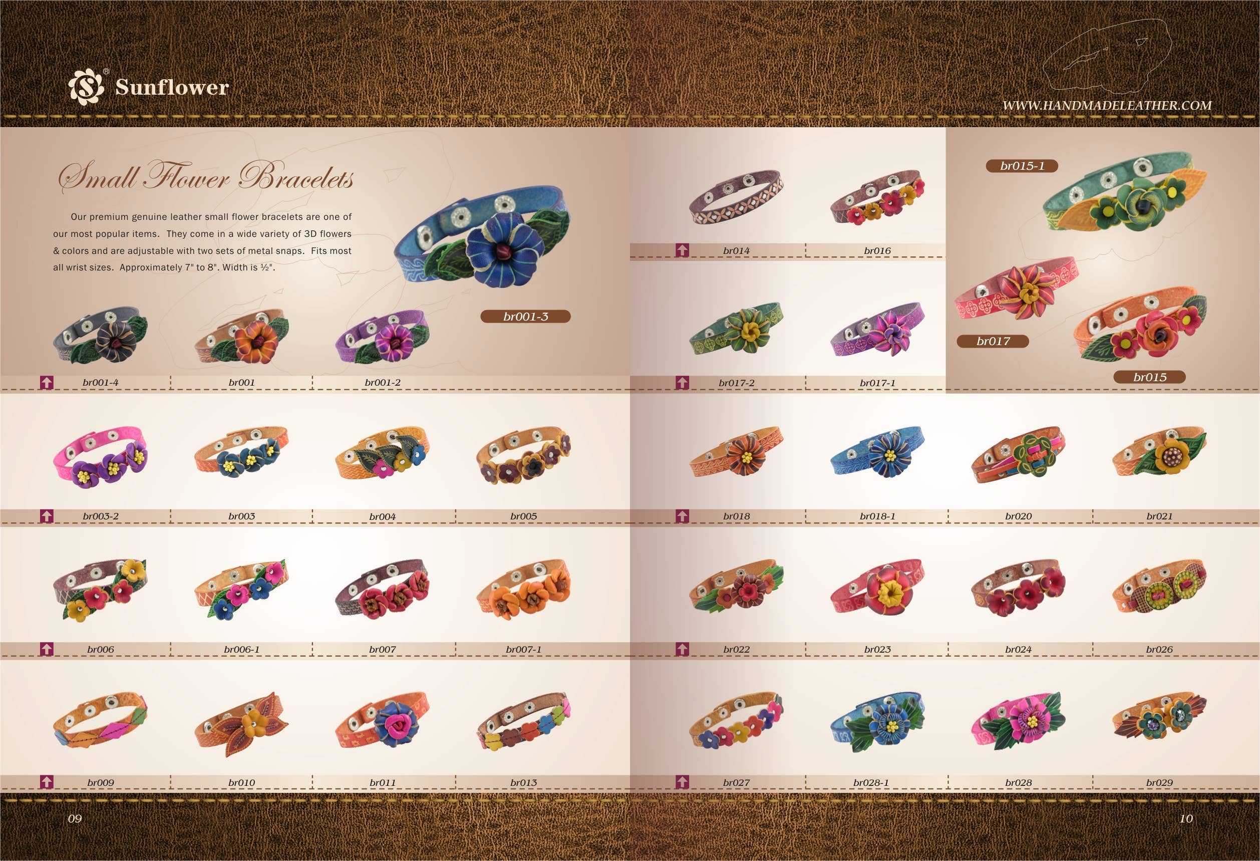 Sunflower Handmade leather inc - Vendita all'ingrosso Bracciale a polsino - 144 Braccialetti con Piccoli Fiori assortiti con un espositore in legno3