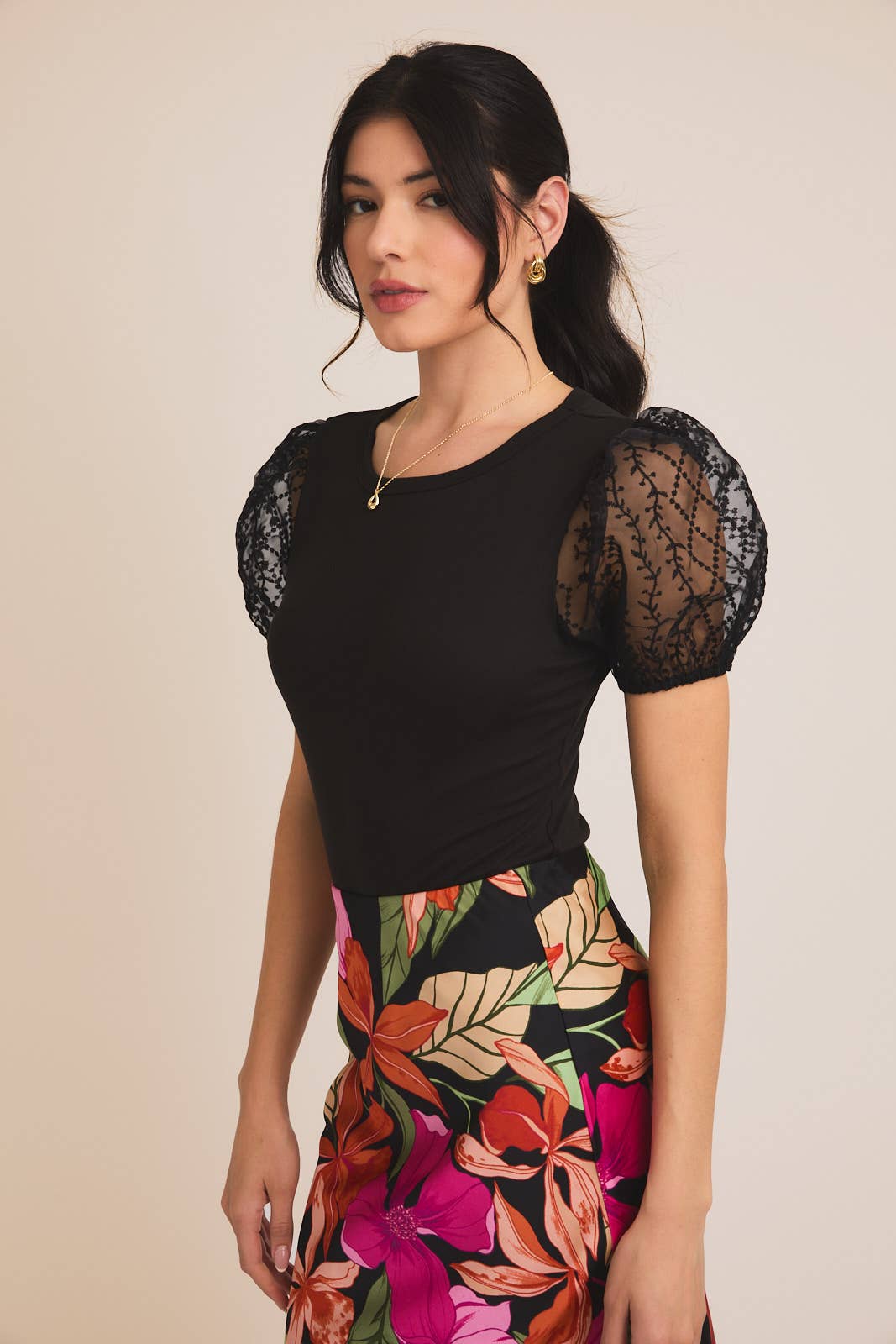 Black ROUND NECK LACE PUFF SLEEVE KNIT + LACE MIX BODYSUIT for wholesale on Faire2