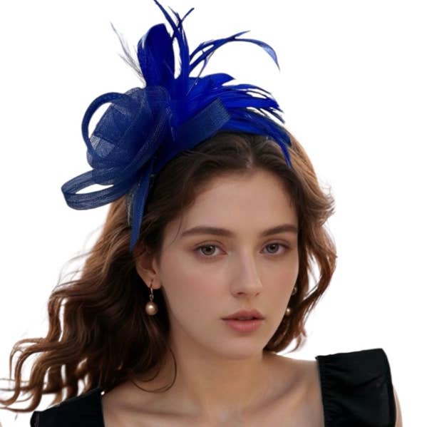 Royal Blue Feather Fascinator Headband for wholesale by KBW Global Corp.