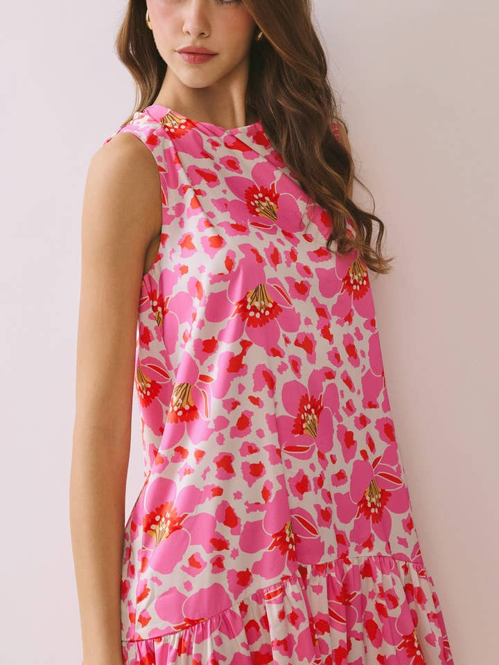 CD05995-Floral Print Tiered Ruffle Hem Back Keyhole Dress for wholesale by TCEC