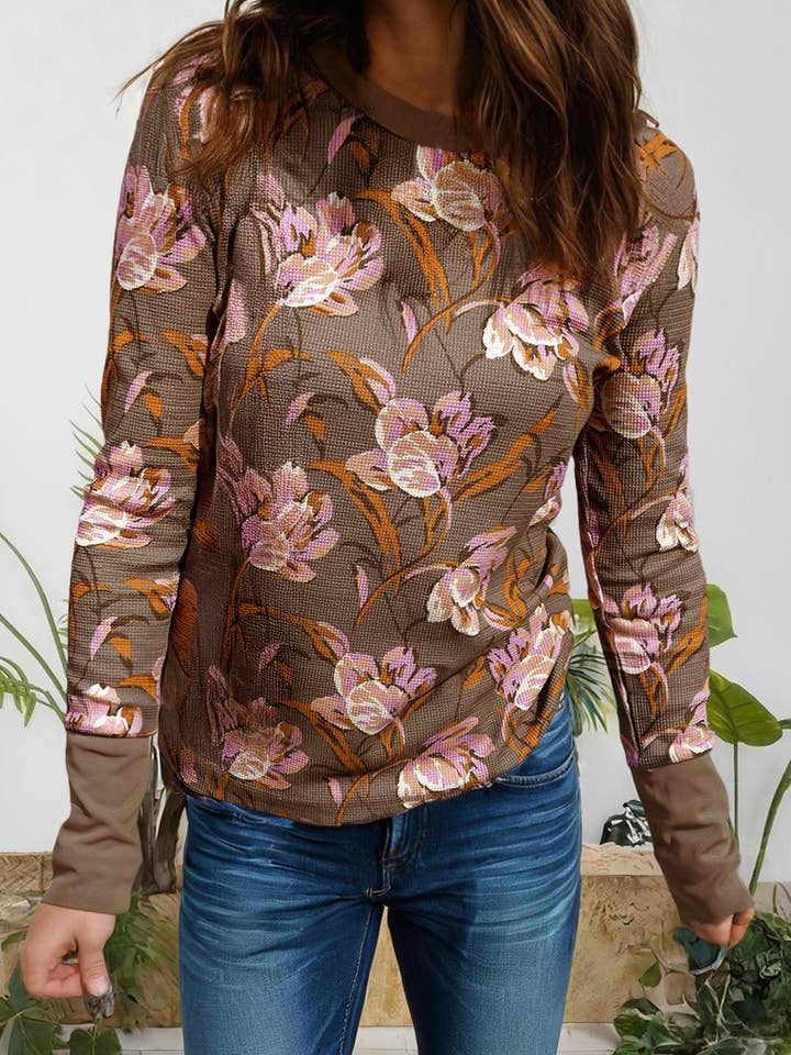 Floral Print Waffle Textured Long Sleeve Top (S-XL) for wholesale by 66DISCO