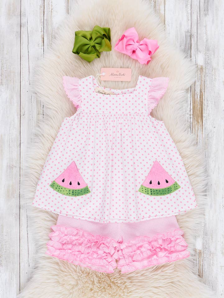 Marie Nicole Clothing - Wholesale Top & Short Set - Kids - Dotty Watermelon Embroidered Icing Ruffle Outfit