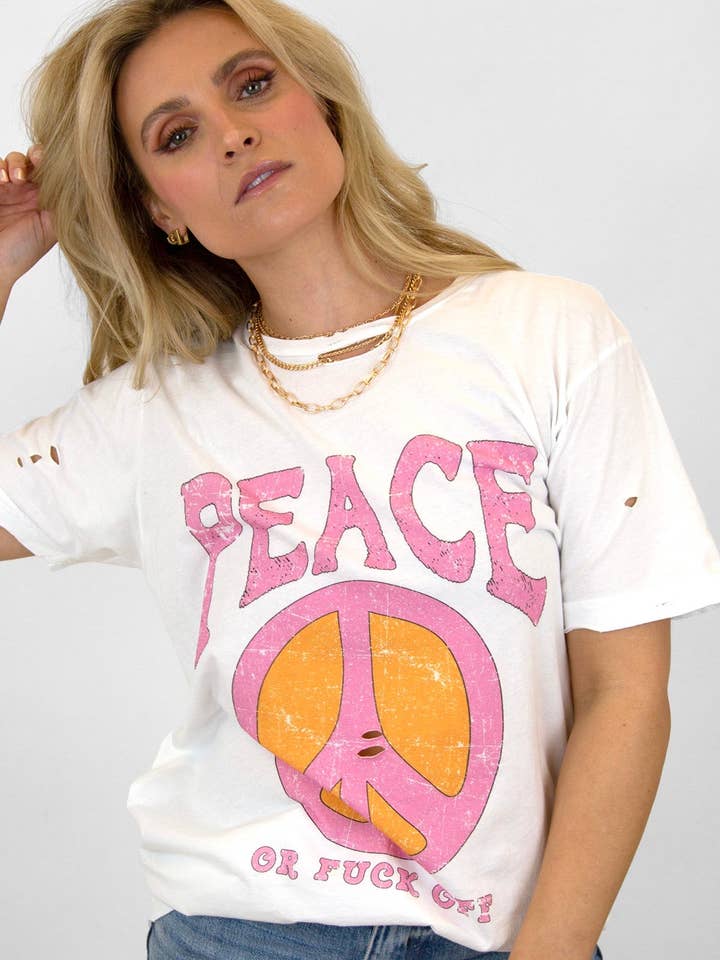 WHITE Peace Or F*ck Off Destructed Tee for wholesale on Faire
