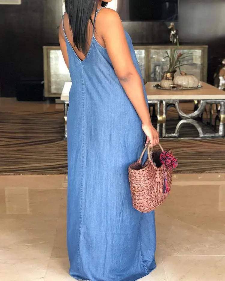 BLUE plain spaghetti strap denim casual dress for wholesale on Faire1
