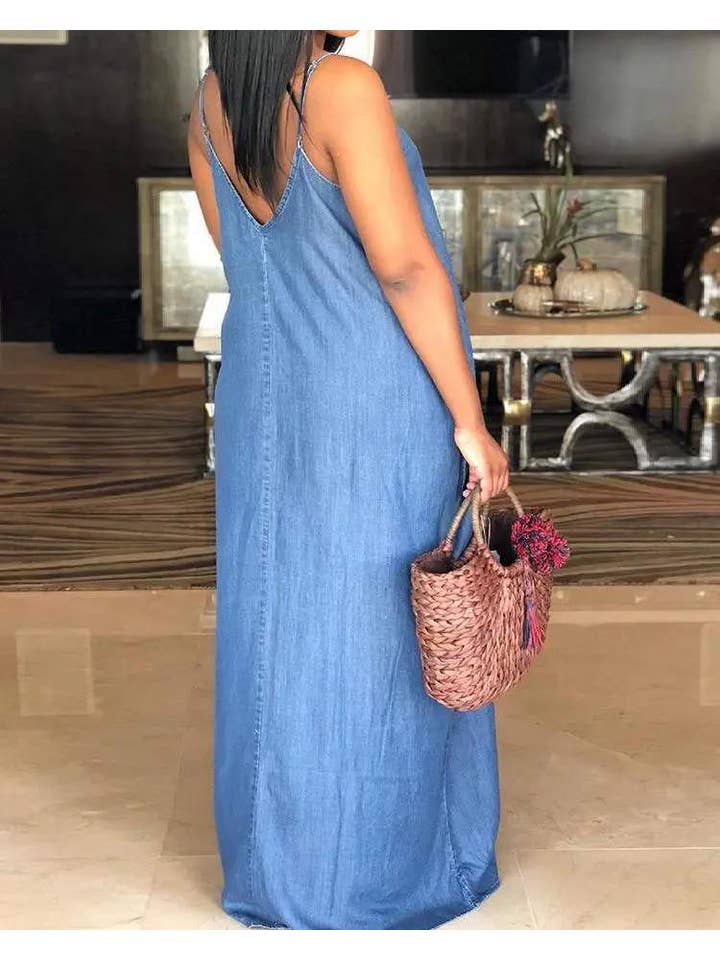 BLUE plain spaghetti strap denim casual dress for wholesale on Faire1