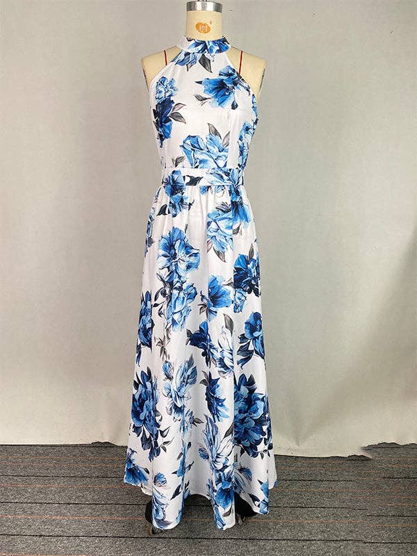 BLUE WHITE A-Line High Waisted Contrast Color Flower Print Pleated Halter-Neck Maxi Dresses for wholesale on Faire3
