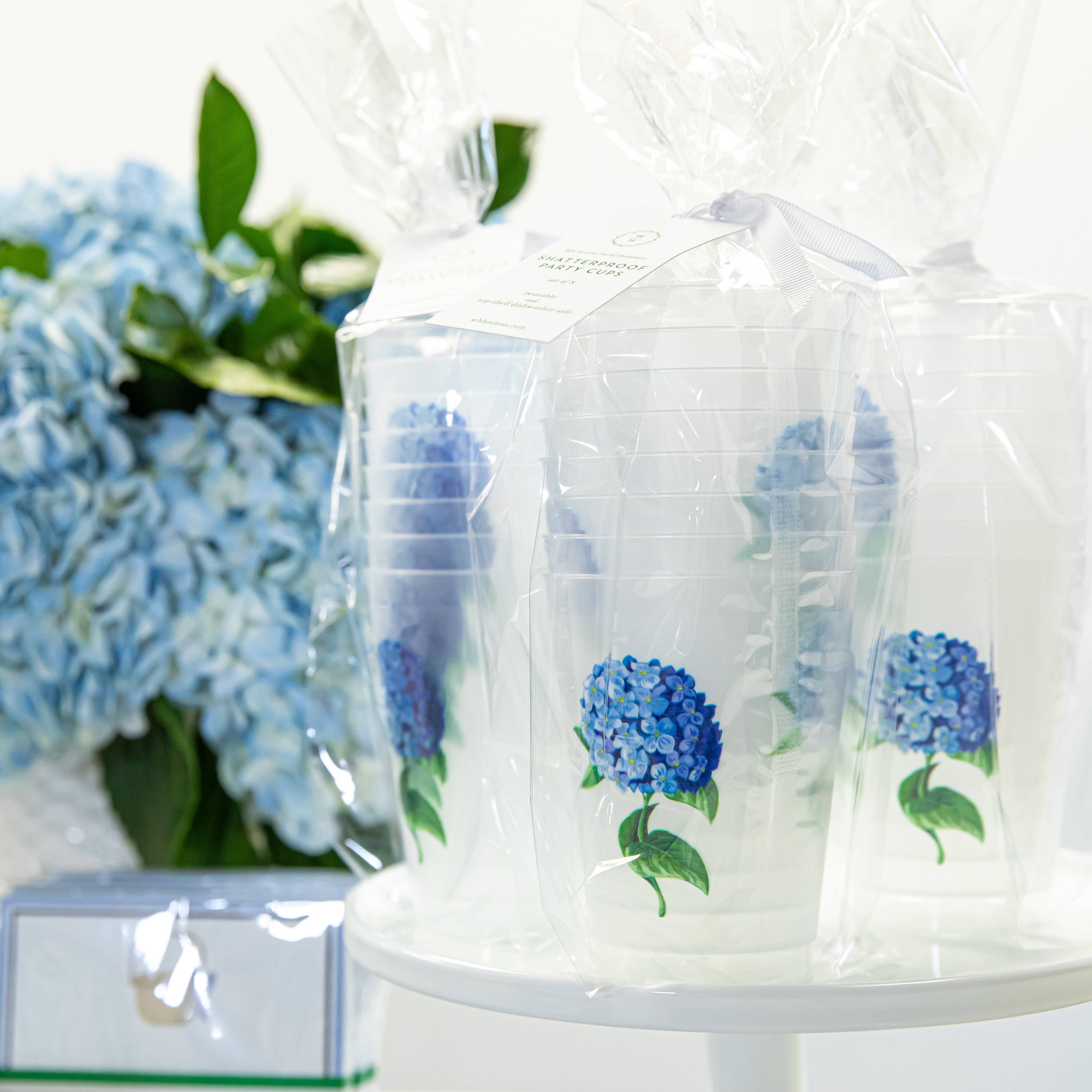 WH Hostess Social Stationery - Venta al por mayor Taza desechable - Vasos irrompibles con hortensias azules | Set de 84